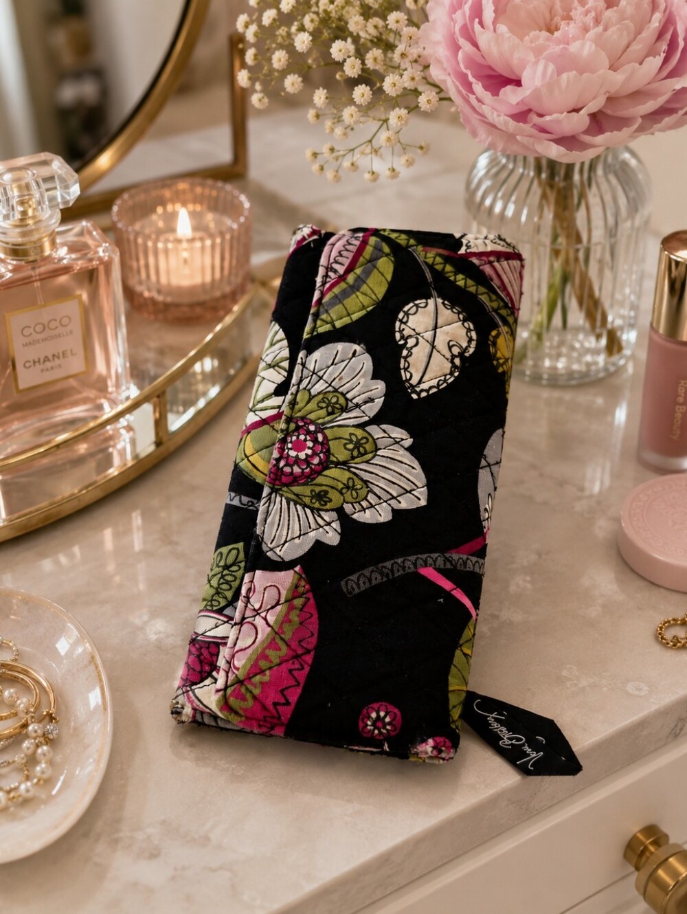 Vera Bradley Black Floral Quilted Trifold Wallet - Picture 1 of 5